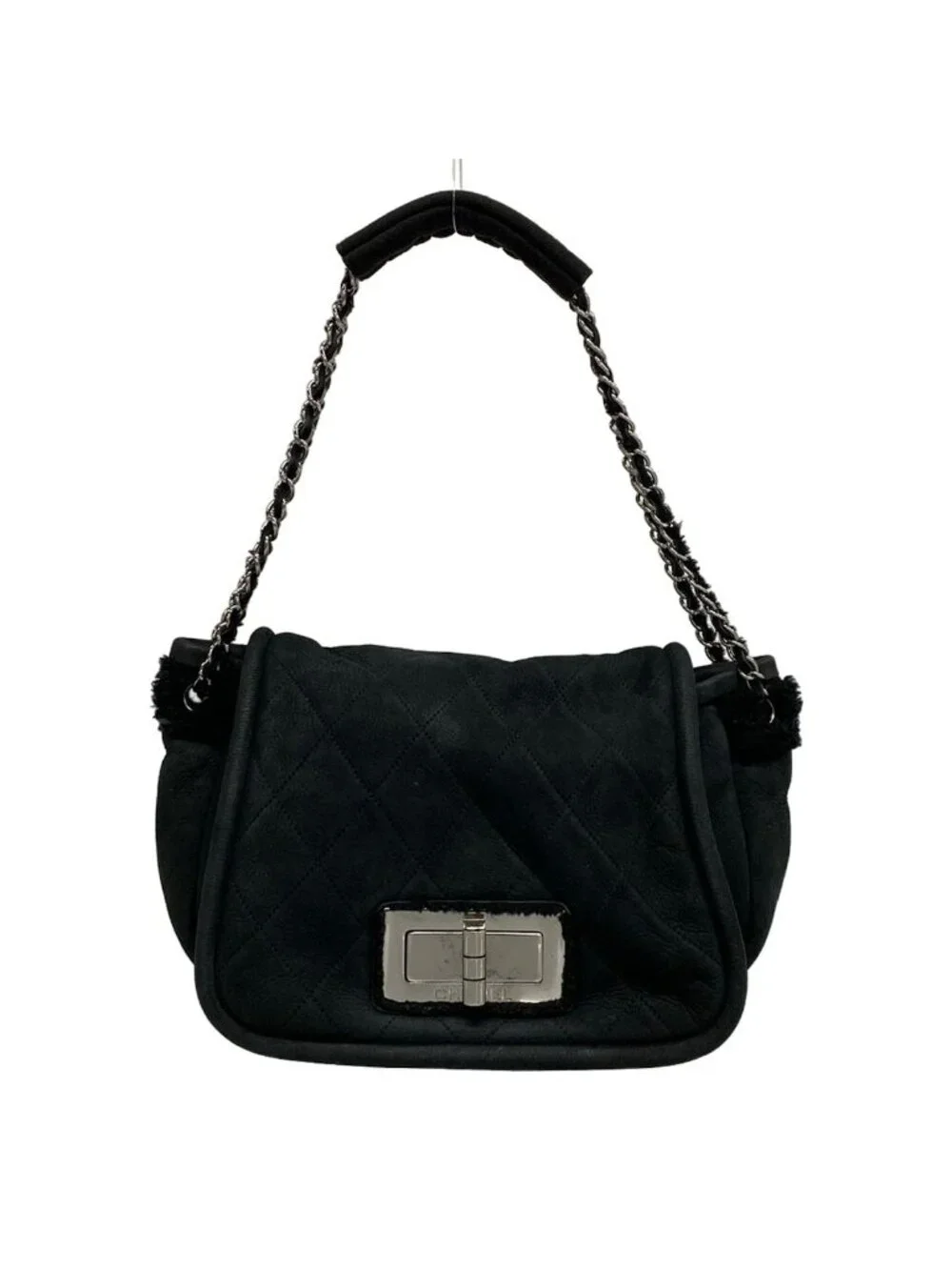 Chanel Shoulder Bag 2.55 Quilted Black Chain Silver Shearling